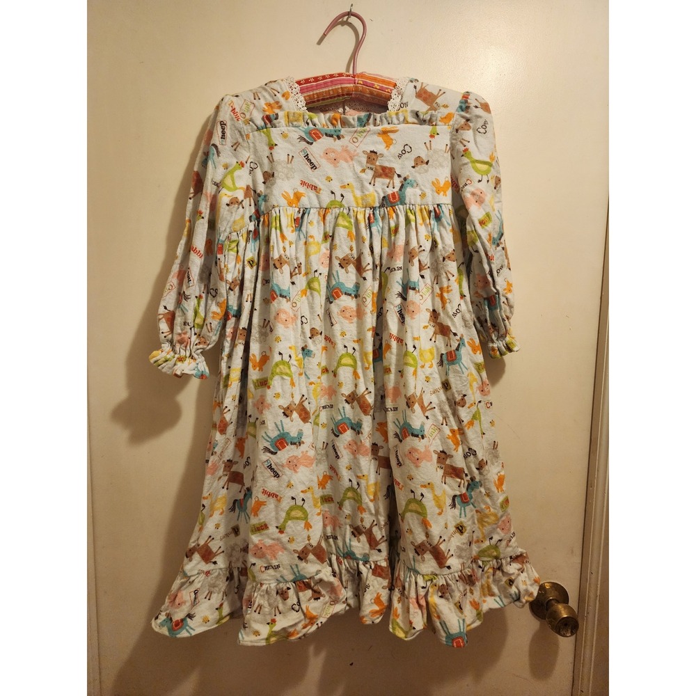 Handmade Kids Farm Animal Flannel Nightgown Long Sleeve Ruffle Gown 4/5